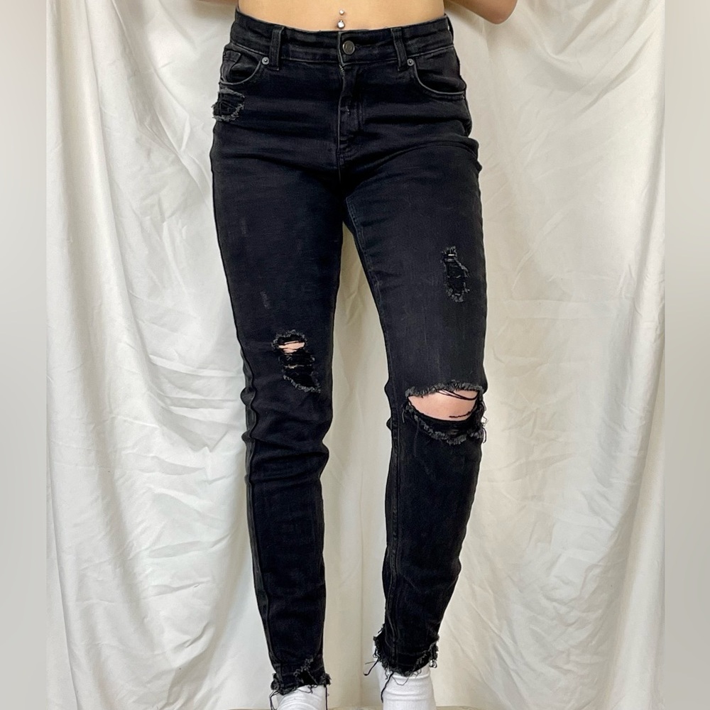 High Waist Black Ripped Denim Pants Distressed Skinny Jeans